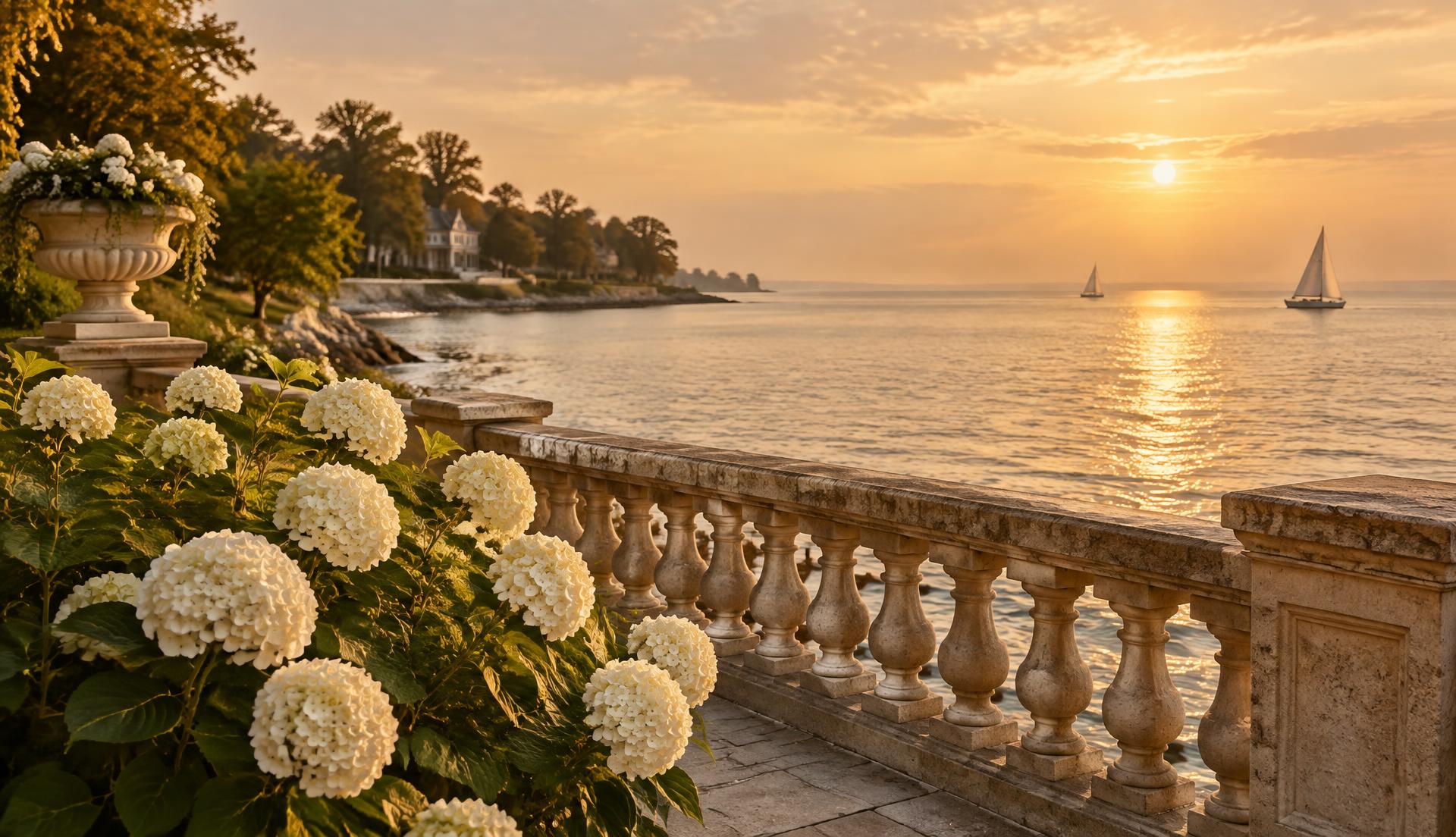 Golden-hour view across the lake from a stone terrace